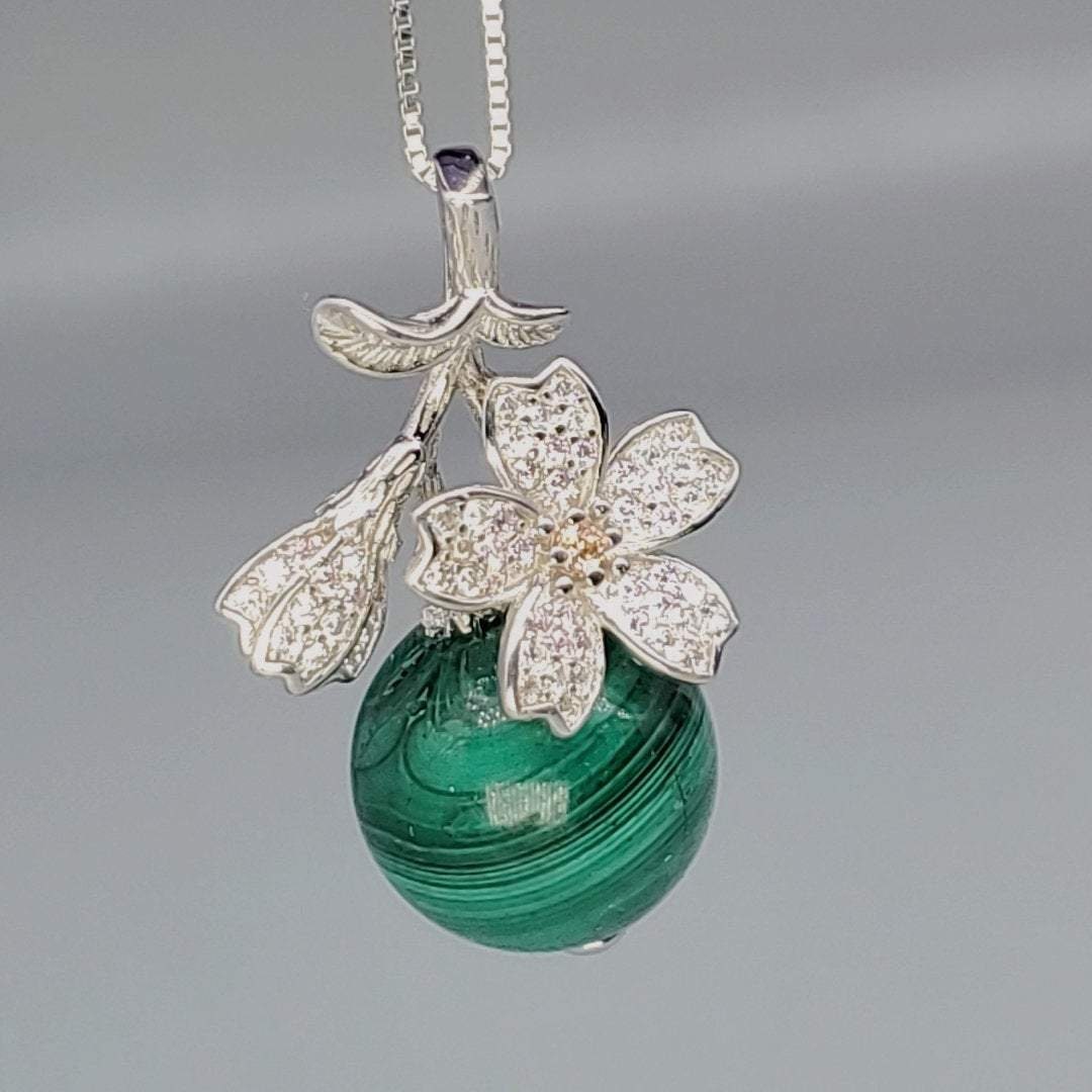 Malachite Necklace: Sterling Silver Diamond Cherry Blossom Pendant chunky stone jewelry #2293