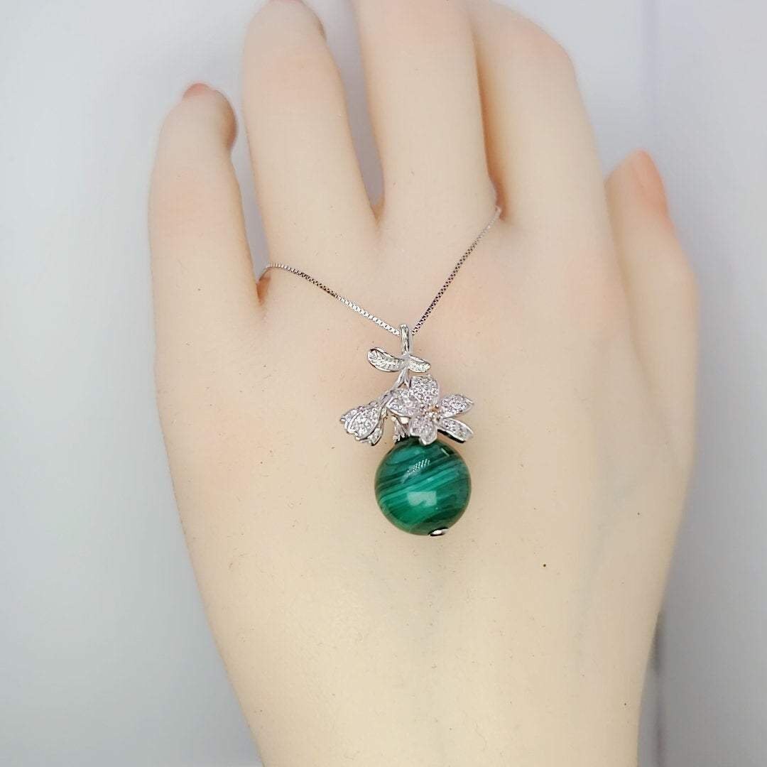 Malachite Necklace: Sterling Silver Diamond Cherry Blossom Pendant chunky stone jewelry #2293