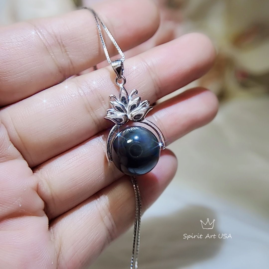 Obsidian Lotus Flower Necklace: Sterling Silver Rainbow Eye Pendant chunky stone jewelry #2502