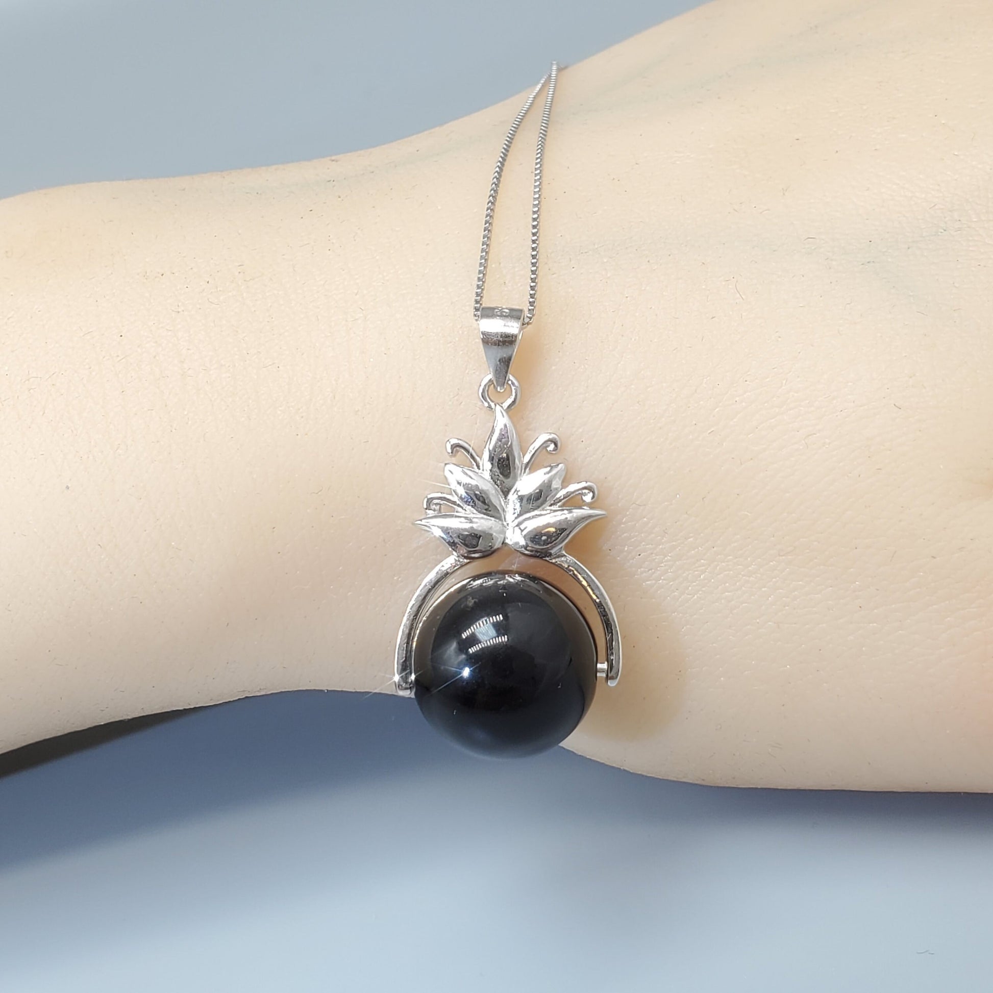 Obsidian Lotus Flower Necklace: Sterling Silver Rainbow Eye Pendant chunky stone jewelry #2502
