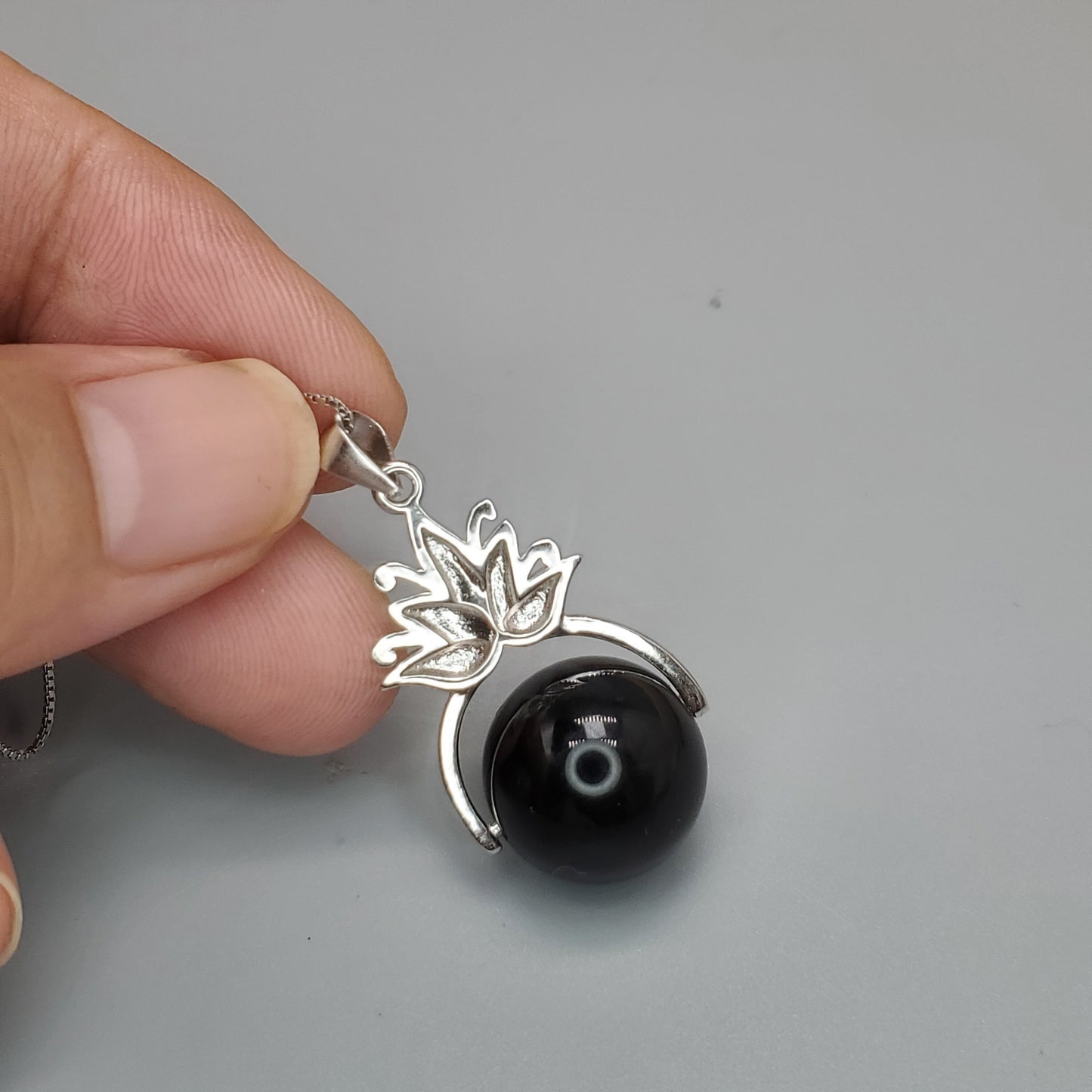 Obsidian Lotus Flower Necklace: Sterling Silver Rainbow Eye Pendant chunky stone jewelry #2502