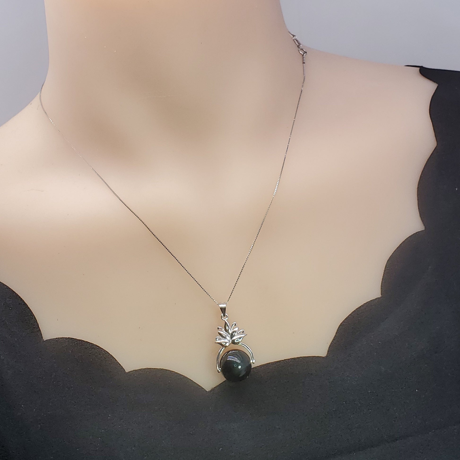 Obsidian Lotus Flower Necklace: Sterling Silver Rainbow Eye Pendant chunky stone jewelry #2502