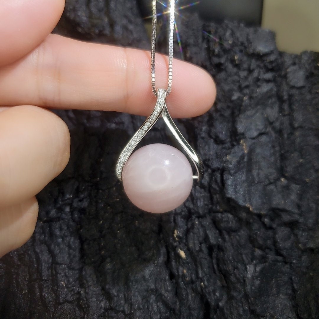 Large Rose Quartz Necklace: Sterling Silver Round Pendant chunky stone jewelry #2431