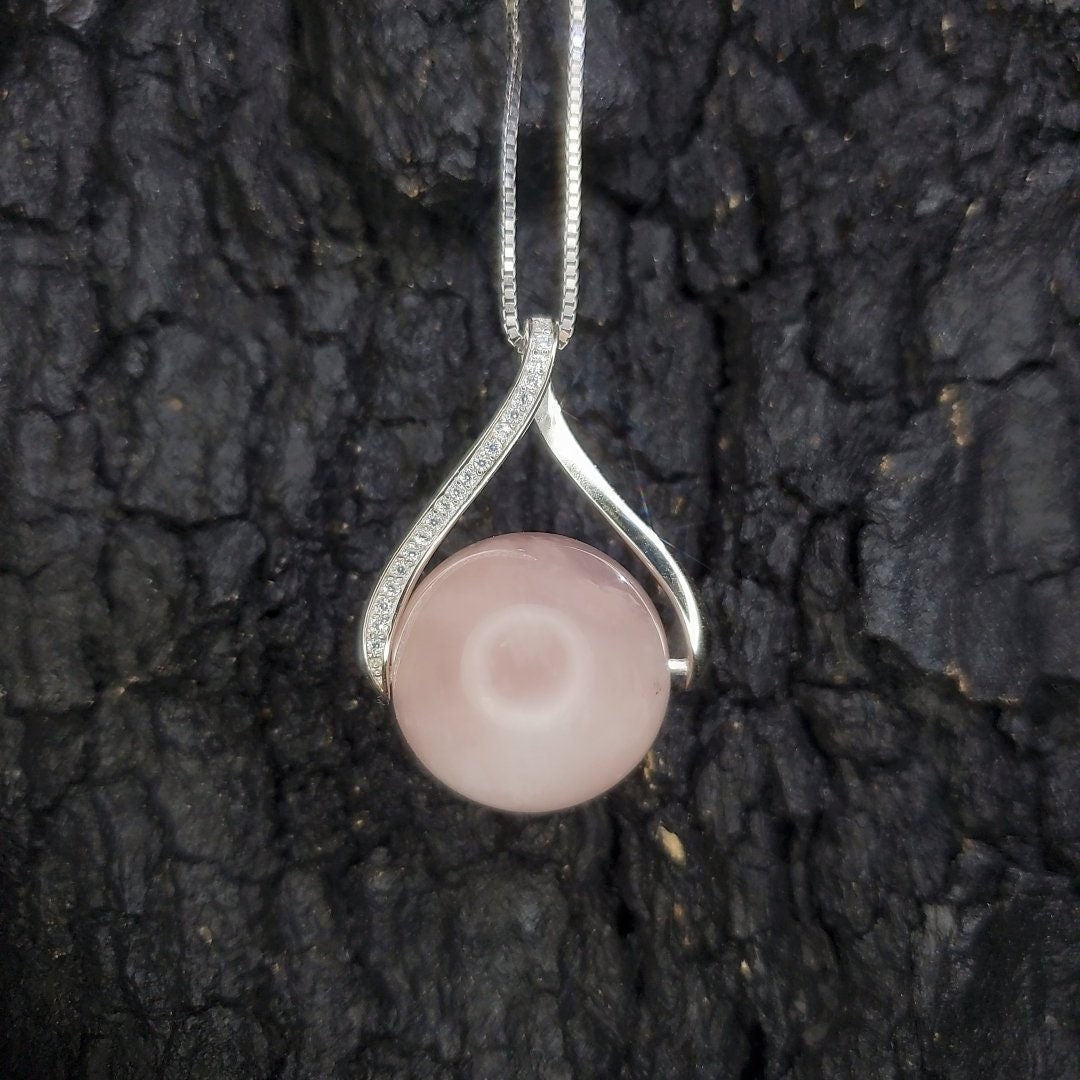 Large Rose Quartz Necklace: Sterling Silver Round Pendant chunky stone jewelry #2431