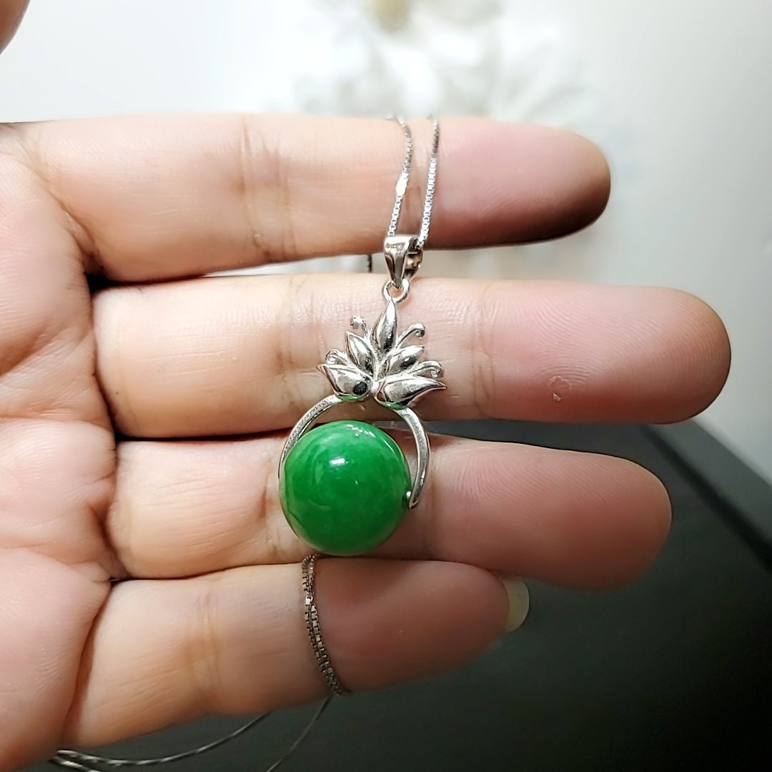 Emerald Jade Pendant Necklace: Sterling Silver Lotus Flower, Handmade chunky stone jewelry #2018