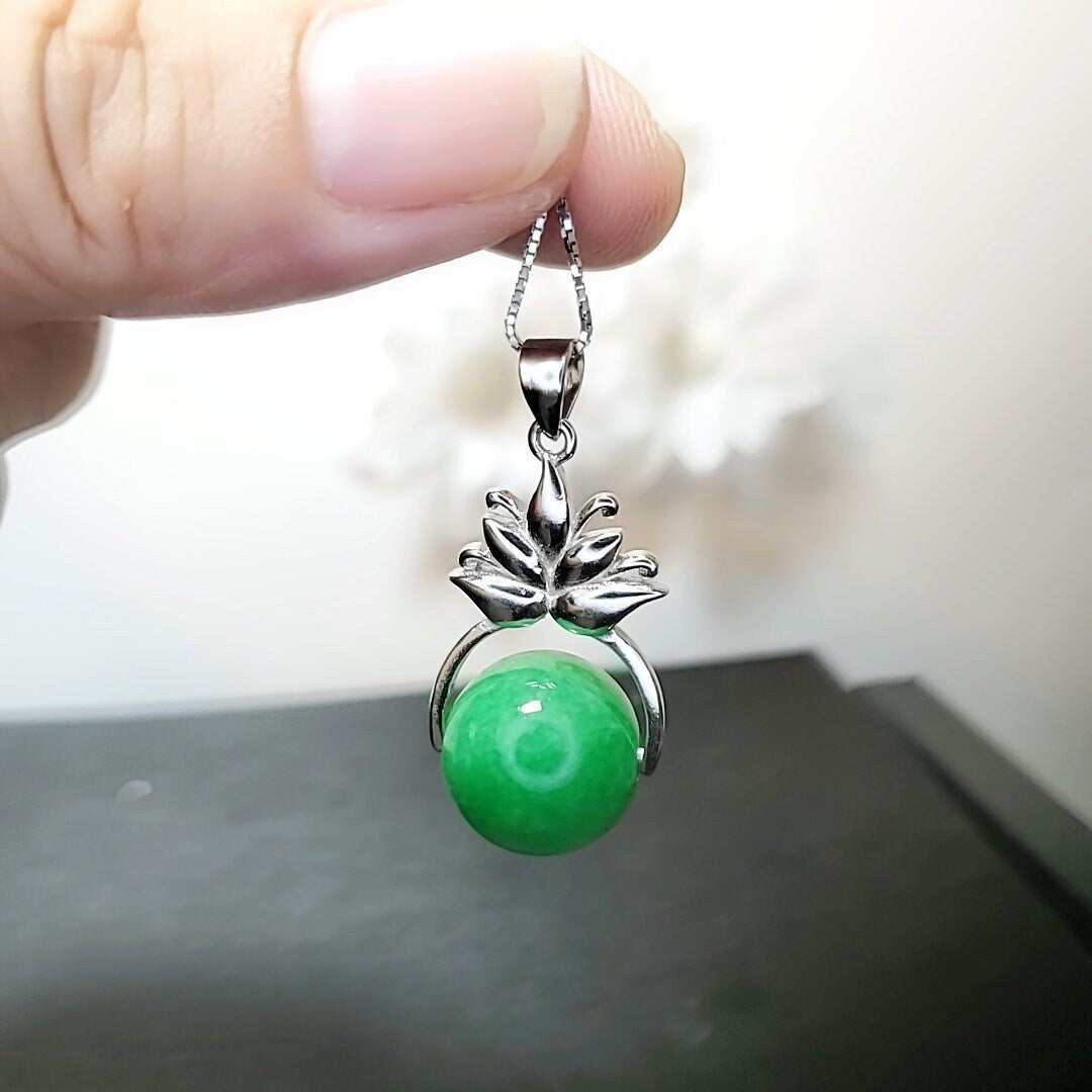 Emerald Jade Pendant Necklace: Sterling Silver Lotus Flower, Handmade chunky stone jewelry #2018