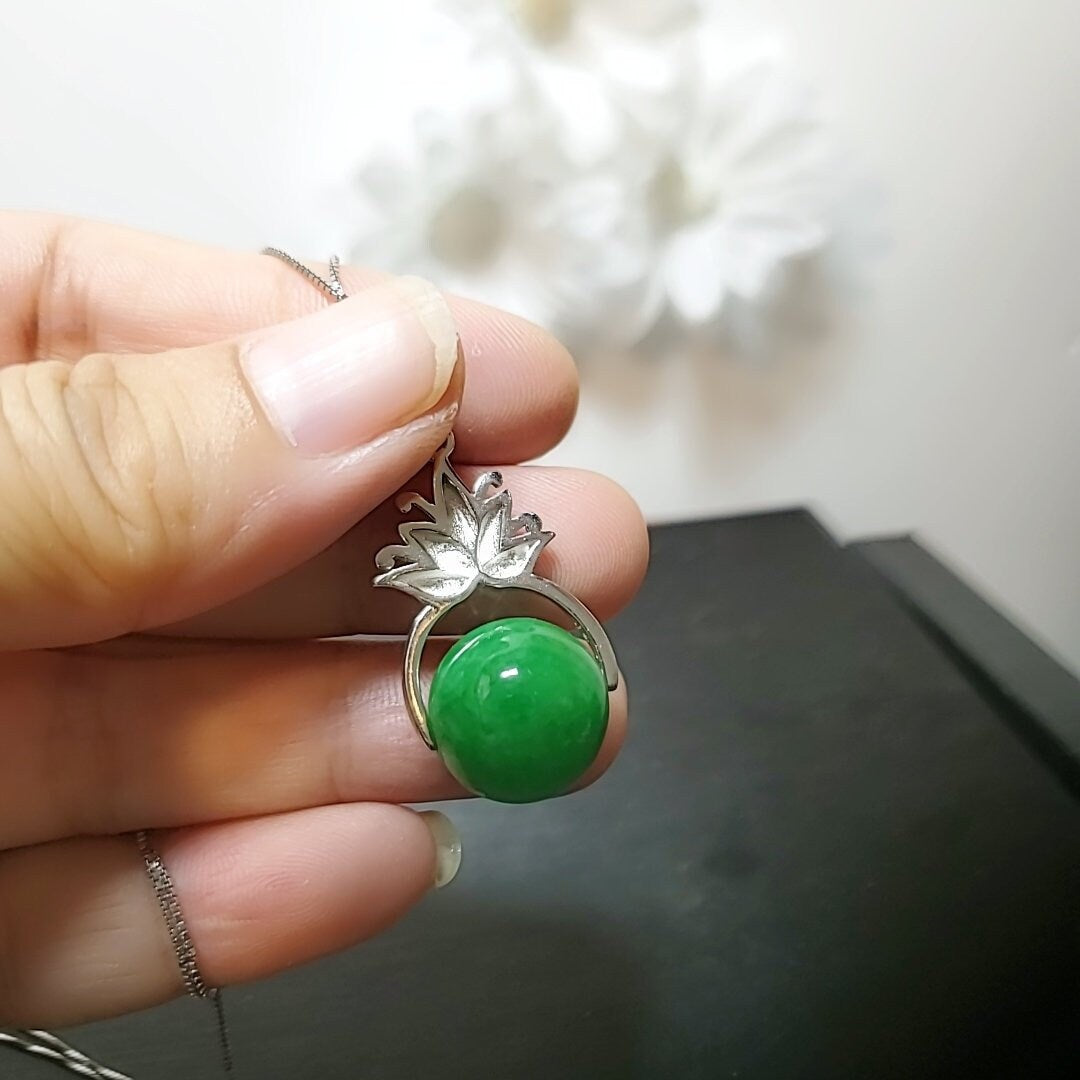 Emerald Jade Pendant Necklace: Sterling Silver Lotus Flower, Handmade chunky stone jewelry #2018