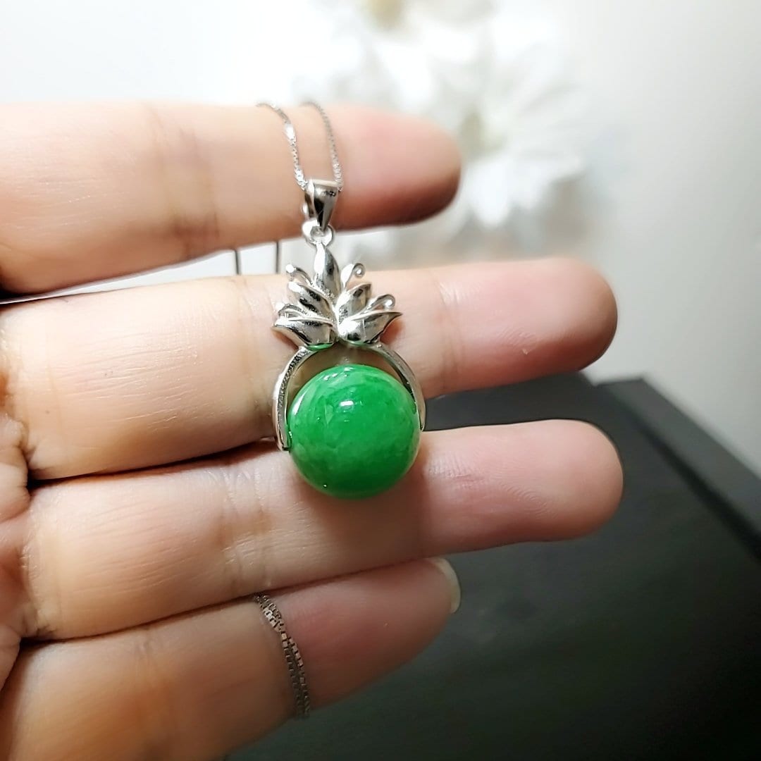 Emerald Jade Pendant Necklace: Sterling Silver Lotus Flower, Handmade chunky stone jewelry #2018