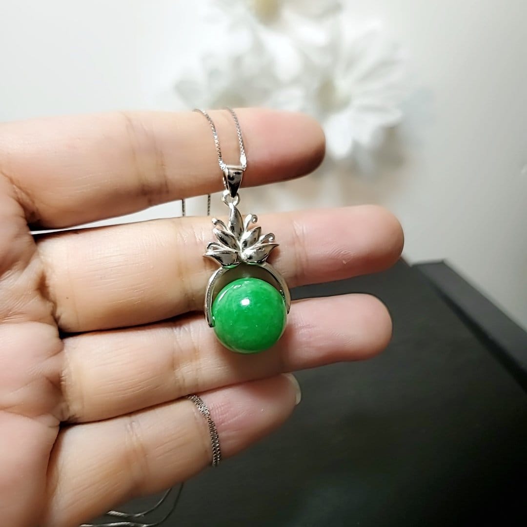 Emerald Jade Pendant Necklace: Sterling Silver Lotus Flower, Handmade chunky stone jewelry #2018