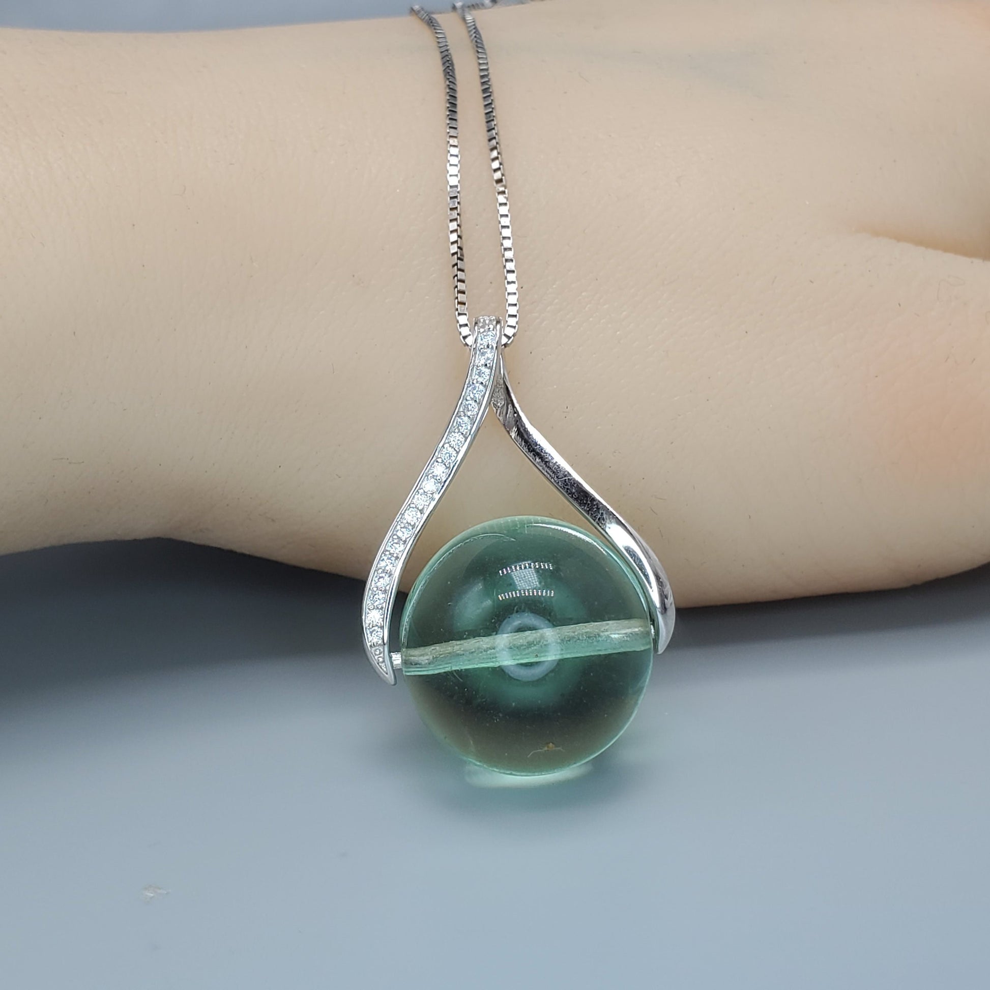 Green Fluorite Necklace: Sterling Silver, Simulated Diamond Pendant chunky stone jewelry #2452
