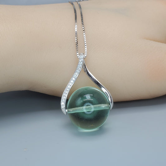 Green Fluorite Necklace: Sterling Silver, Simulated Diamond Pendant chunky stone jewelry #2452