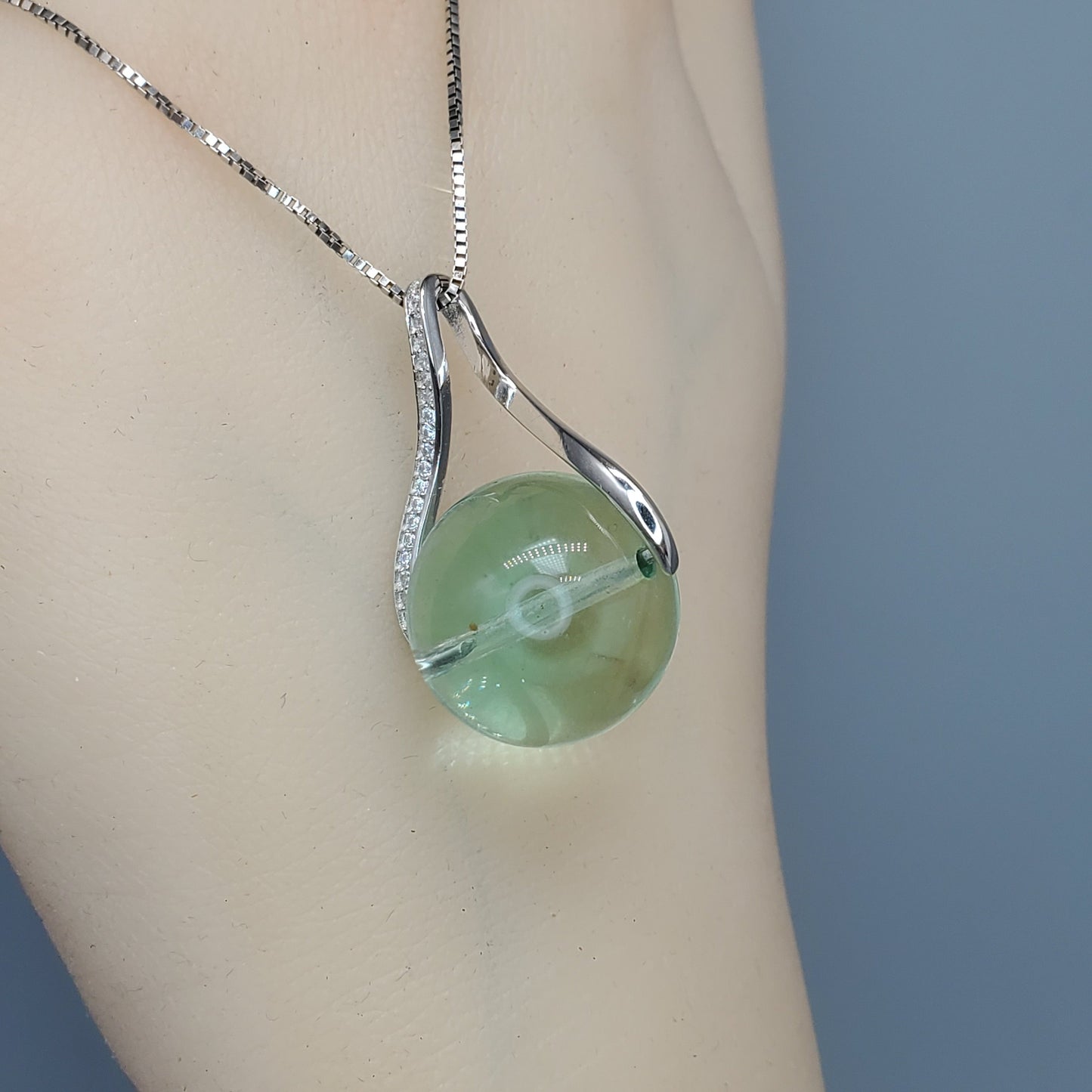 Green Fluorite Necklace: Sterling Silver, Simulated Diamond Pendant chunky stone jewelry #2452