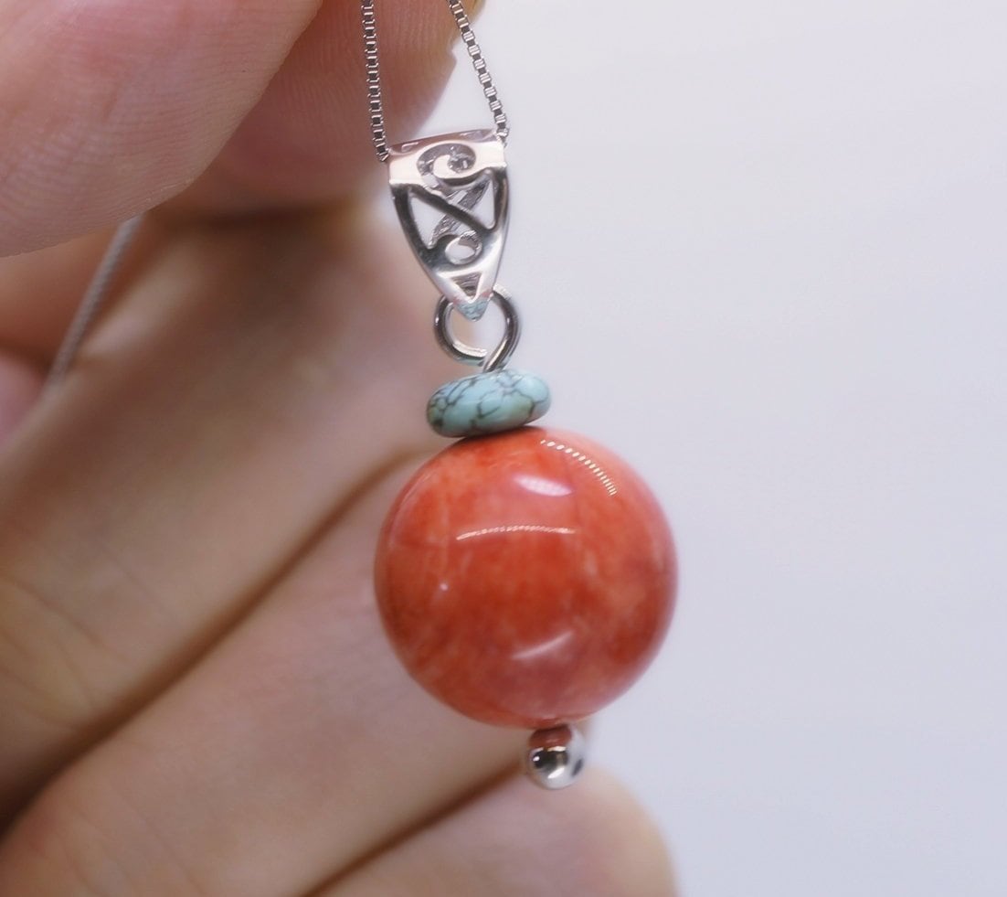 Red Coral Pendant Necklace: Sterling Silver Bail, 14mm Gemstone chunky stone jewelry #2387