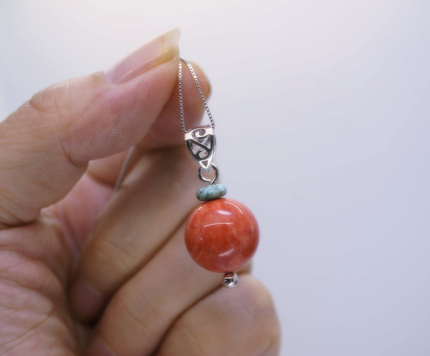 Red Coral Pendant Necklace: Sterling Silver Bail, 14mm Gemstone chunky stone jewelry #2387