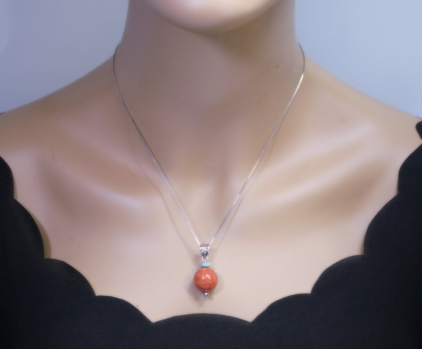 Red Coral Pendant Necklace: Sterling Silver Bail, 14mm Gemstone chunky stone jewelry #2387