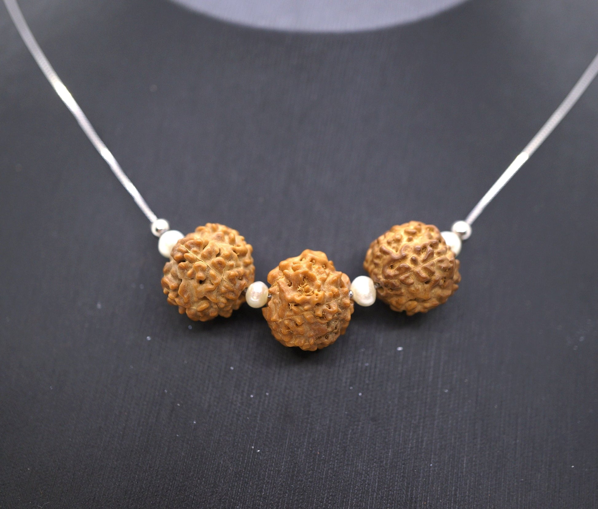 Rudraksha Bodhi Seed Necklace: Mukhi Pendant, 9#25 Silver & Pearl Choker chunky stone jewelry #2489
