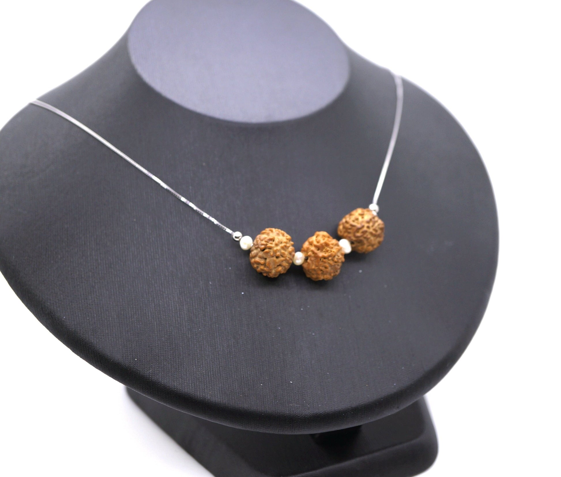 Rudraksha Bodhi Seed Necklace: Mukhi Pendant, 9#25 Silver & Pearl Choker chunky stone jewelry #2489