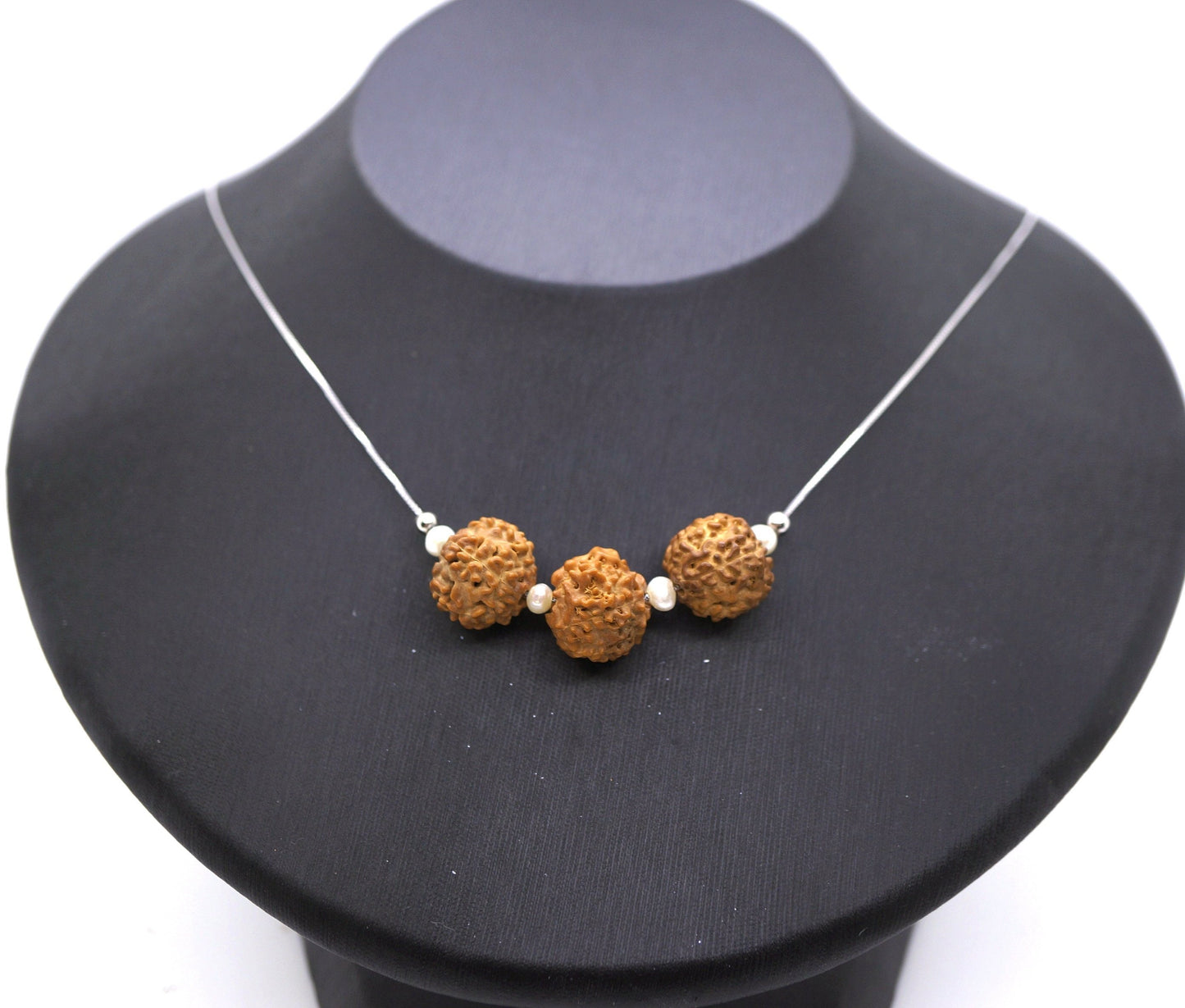 Rudraksha Bodhi Seed Necklace: Mukhi Pendant, 9#25 Silver & Pearl Choker chunky stone jewelry #2489