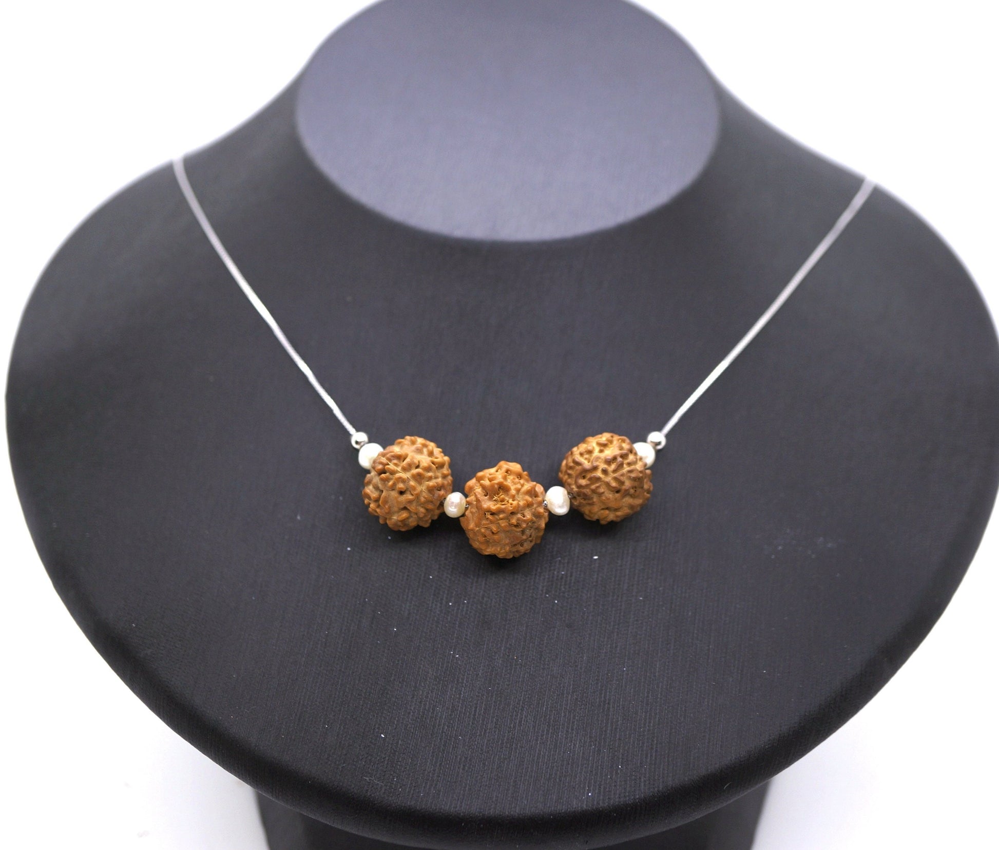 Rudraksha Bodhi Seed Necklace: Mukhi Pendant, 9#25 Silver & Pearl Choker chunky stone jewelry #2489