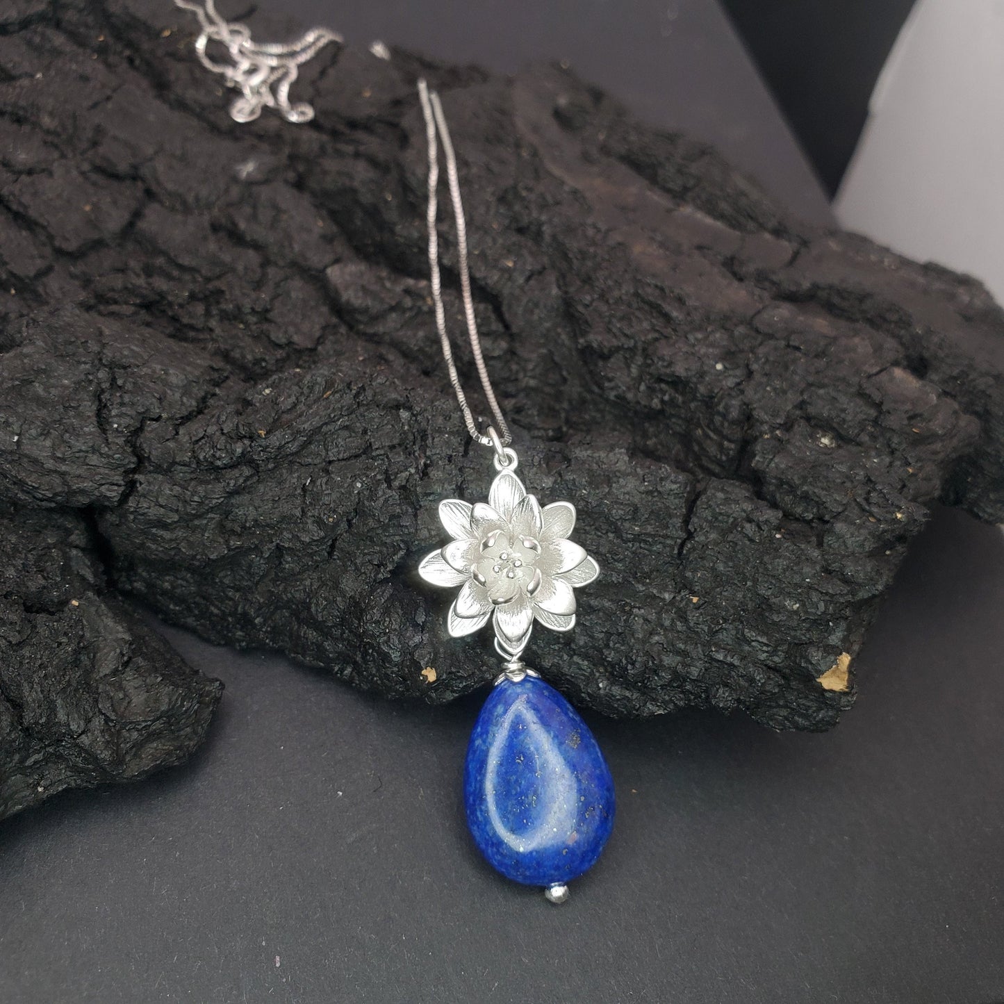 Lapis Lazuli Necklace Lotus Flower Jewelry Blue Lapis pendant sterling silver chunky stone jewelry #2536