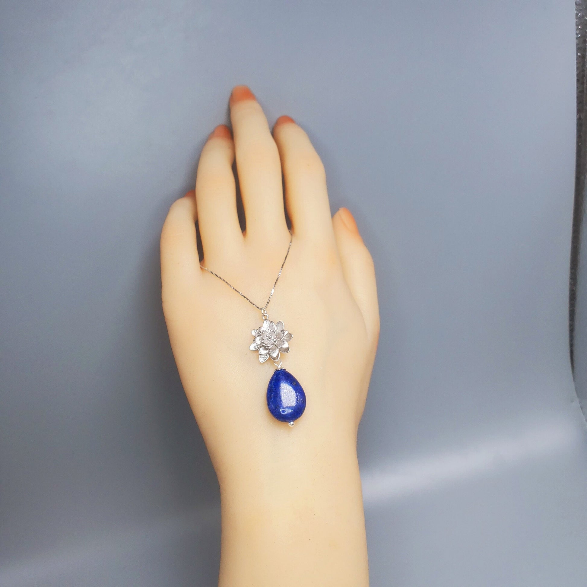 Lapis Lazuli Necklace Lotus Flower Jewelry Blue Lapis pendant sterling silver chunky stone jewelry #2536