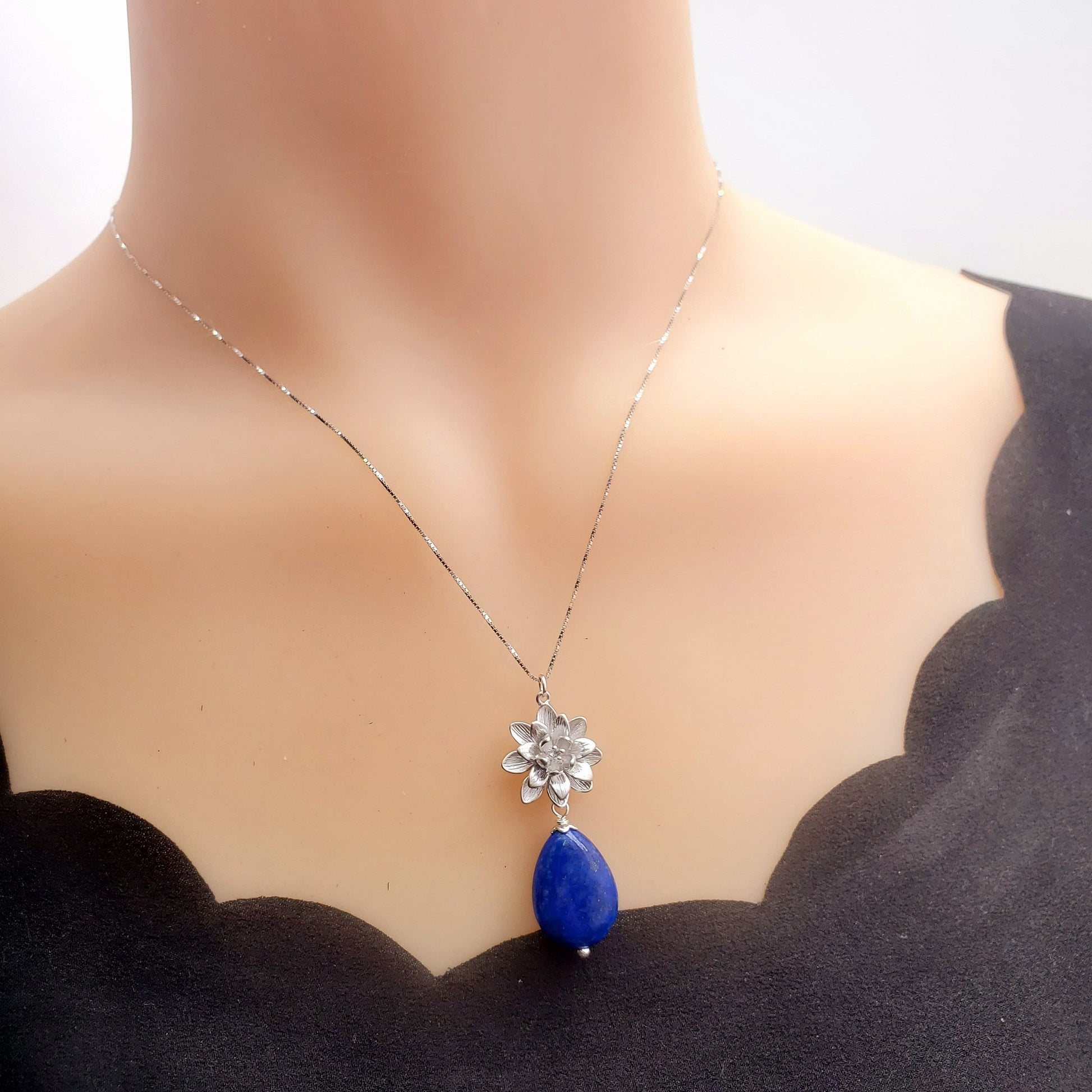 Lapis Lazuli Necklace Lotus Flower Jewelry Blue Lapis pendant sterling silver chunky stone jewelry #2536