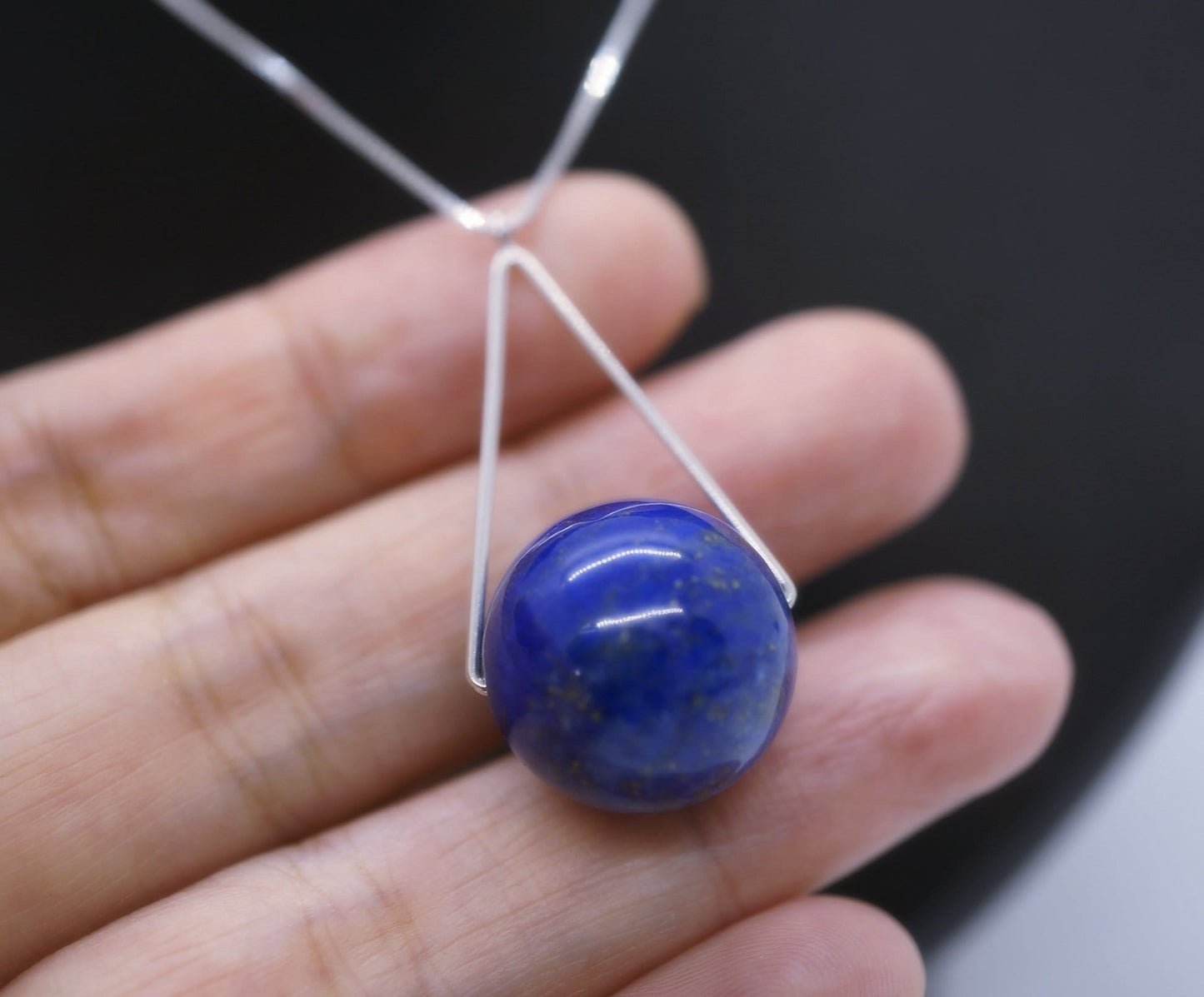 Lapis Lazuli Sterling Silver Necklace: Geometric Triangle Pendant chunky stone jewelry #2347