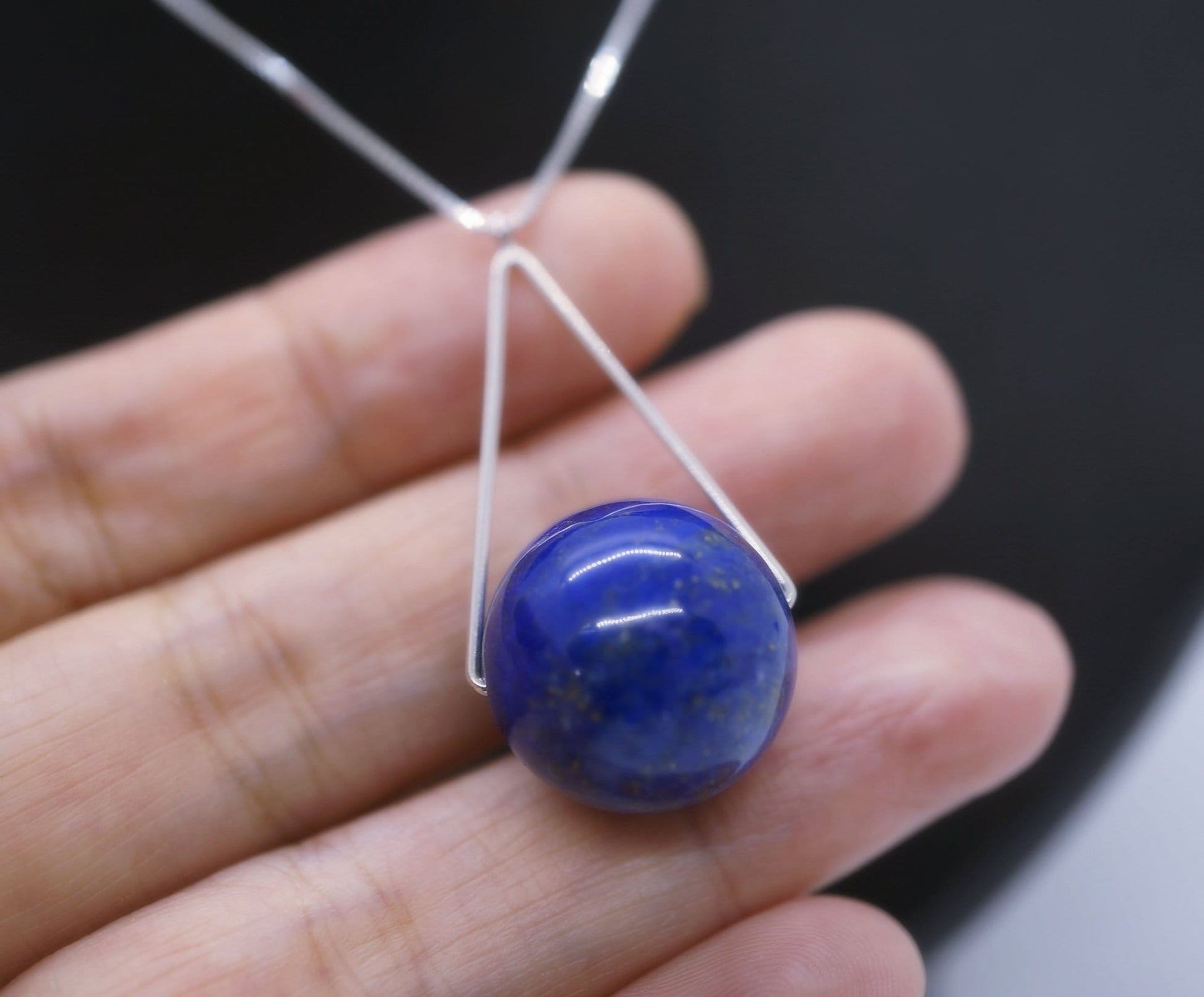 Lapis Lazuli Sterling Silver Necklace: Geometric Triangle Pendant chunky stone jewelry #2347