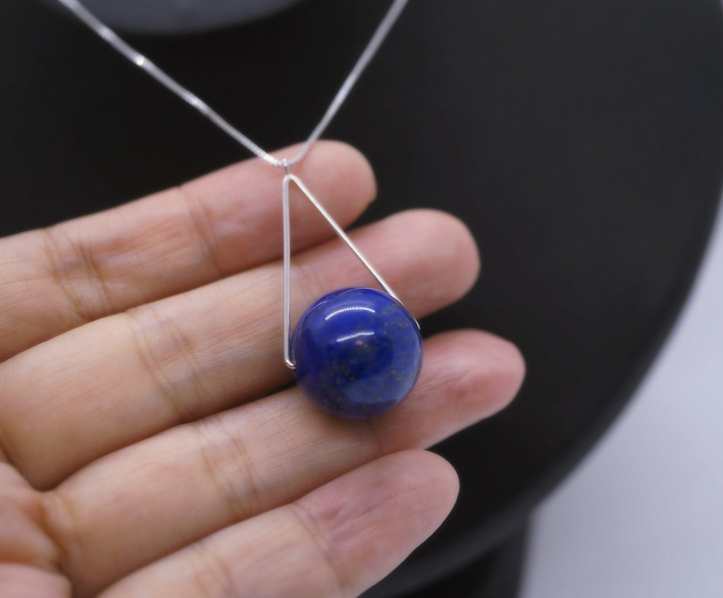Lapis Lazuli Sterling Silver Necklace: Geometric Triangle Pendant chunky stone jewelry #2347