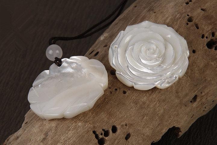Mother of Pearl Rose Flower Necklace , Large Long Chain White Shell Pendant chunky stone jewelry #2096