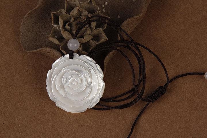 Mother of Pearl Rose Flower Necklace , Large Long Chain White Shell Pendant chunky stone jewelry #2096