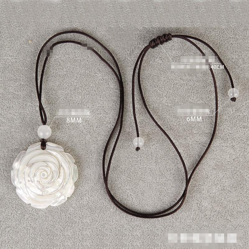 Mother of Pearl Rose Flower Necklace , Large Long Chain White Shell Pendant chunky stone jewelry #2096
