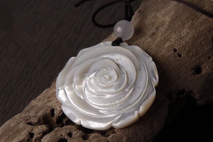 Mother of Pearl Rose Flower Necklace , Large Long Chain White Shell Pendant chunky stone jewelry #2096
