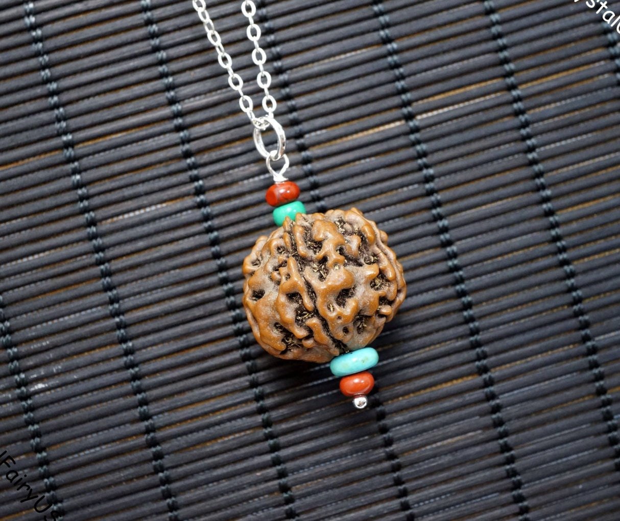 Rudraksha Bodhi Seed Pendant Necklace: Sterling Silver Chain, Turquoise & Jasper chunky stone jewelry #2011