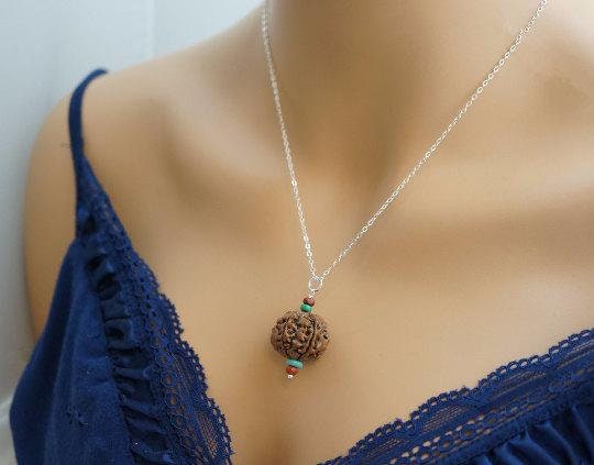 Rudraksha Bodhi Seed Pendant Necklace: Sterling Silver Chain, Turquoise & Jasper chunky stone jewelry #2011