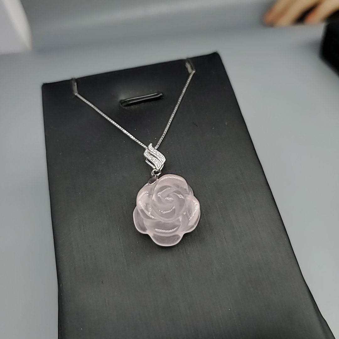 Rose Quartz Flower Pendant: Sterling Silver Heart Chakra Necklace chunky stone jewelry #2253