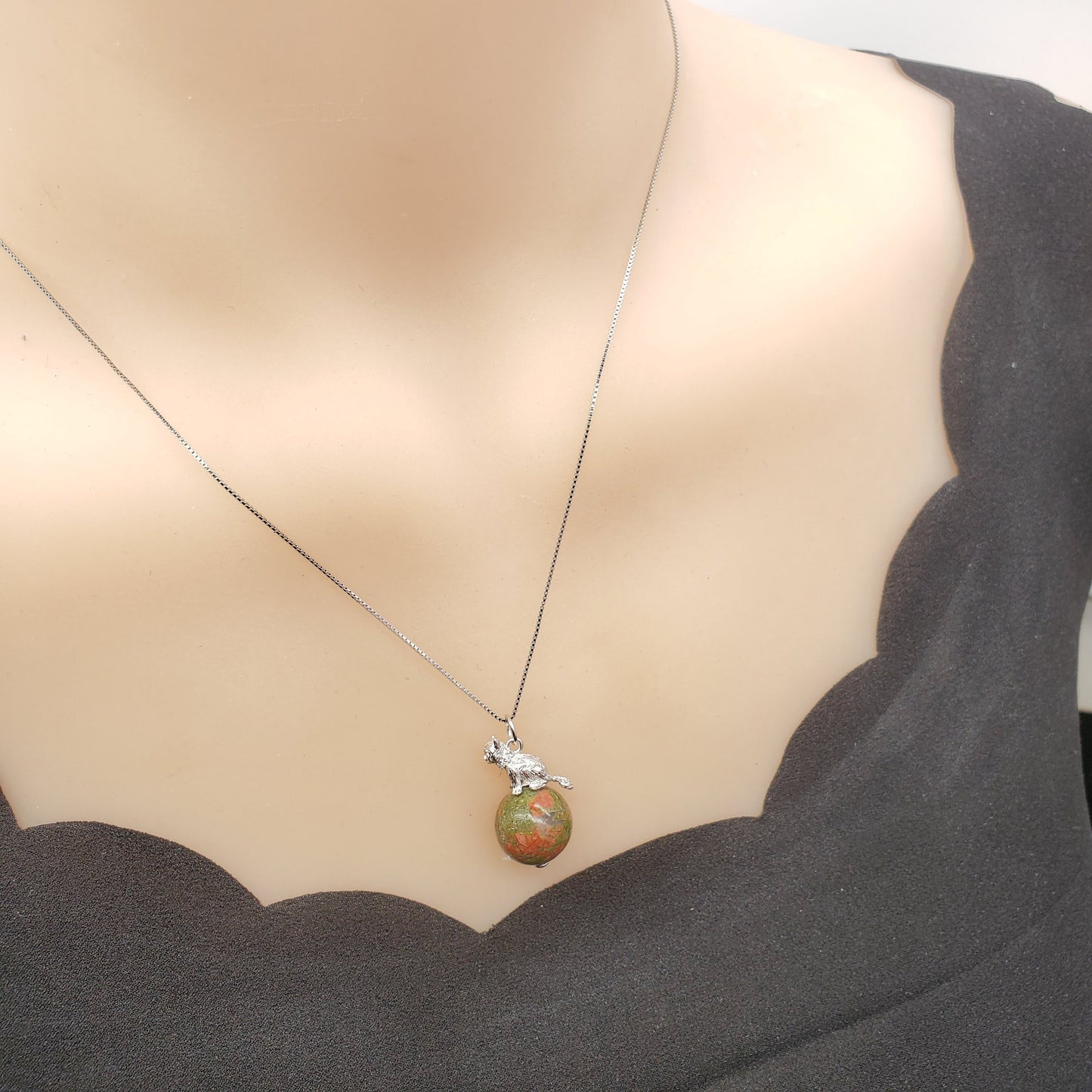 Unakite Cat Necklace: Sterling Silver Pet Jewelry chunky stone jewelry #2494