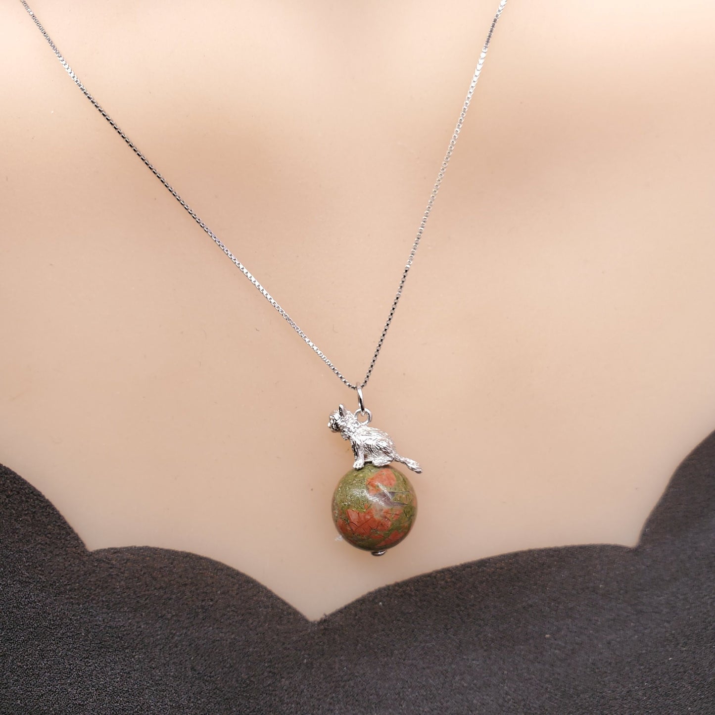 Unakite Cat Necklace: Sterling Silver Pet Jewelry chunky stone jewelry #2494