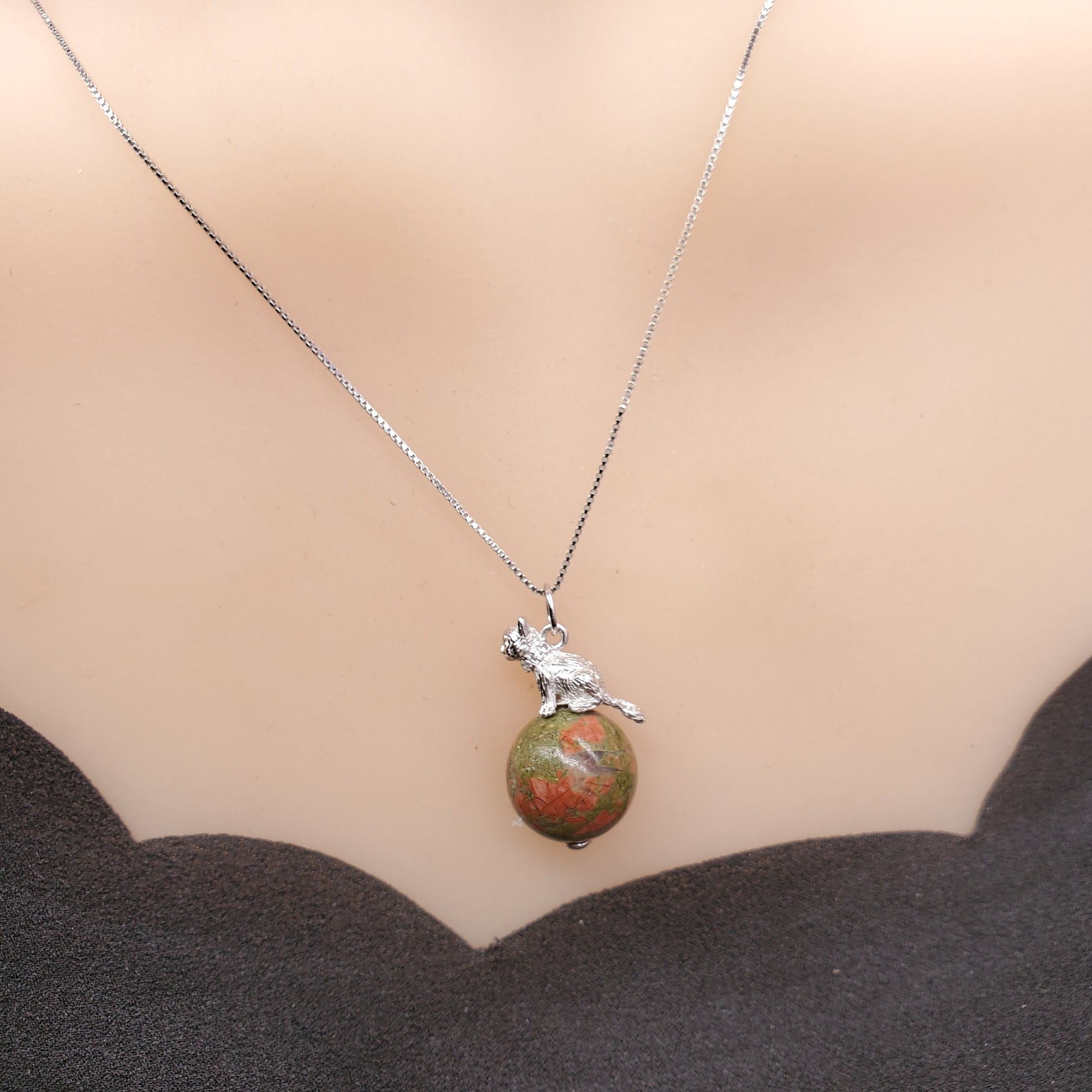 Unakite Cat Necklace: Sterling Silver Pet Jewelry chunky stone jewelry #2494
