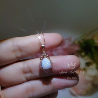 Rose Gold Fire Opal Necklace Sterling Silver Teardrop Tiny White Opal Pendant Solid 18kgp 074