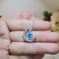 Blue Topaz Necklace Crescent Moon Pendant Sterling Silver Two Separated Pendant #229