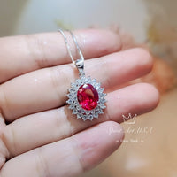 Large Double Gemstone Circle Halo Ruby Necklace Sterling Silver White Gold plated Ruby Jewelry #541