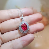 Large Double Gemstone Circle Halo Ruby Necklace Sterling Silver White Gold plated Ruby Jewelry #541