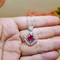 Gemstone Square Ruby Necklace White Gold coated Sterling Silver Tiny Lab Created Energic 1.5 CT Red Ruby Pendant Royal Square Jewelry #169