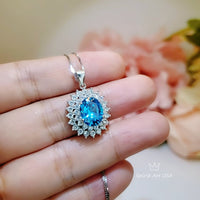 Swiss Blue Topaz Necklace - Double Gemstone Halo White Gold coated Sterling Silver High Quality 3 CT Blue Topaz Pendant #616