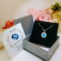 Swiss Blue Topaz Necklace - Double Gemstone Halo White Gold coated Sterling Silver High Quality 3 CT Blue Topaz Pendant #616