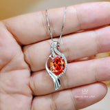 Large Sunstone Necklace , Gemstone Sterling Silver Wave Sun Stone Orange Gemstone Pendant White Gold coated - Orange Sapphire Necklace #567