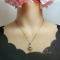 Lab Created Yellow Moissanite Gemstone Necklace - 18KGP @ Sterling Silver - White Gold - Royal Flower - November Birthstone #661