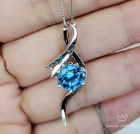 Round Blue Topaz Necklace - Sterling Silver Swirl Bow Infinity 2 CT Blue Topaz Pendant - White Gold coated November Birthstone #470