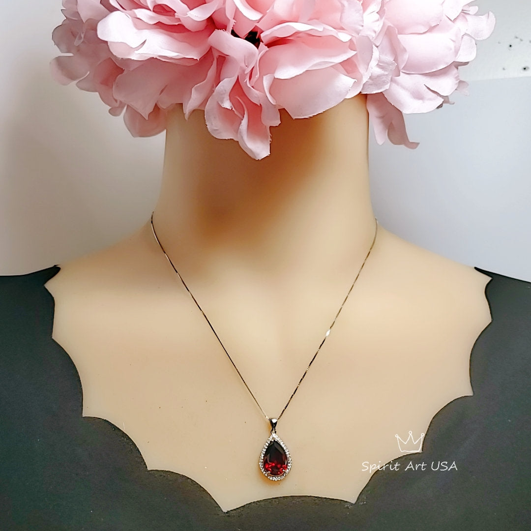 Large Teardrop Garnet Necklace - 5.5 CT Spessartite Garnet Pendant - 18kgp@ sterling Silver - Teardrop Halo Red Orange Garnet #772